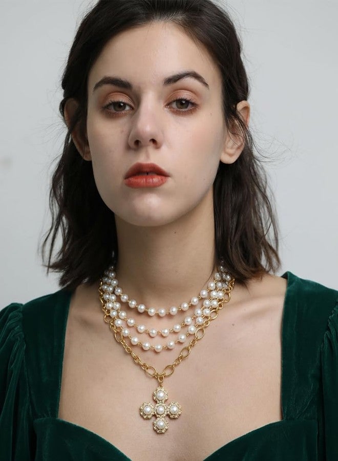 FAUTHENTICUTE Pearl Cross Necklace for Women Layered Rosary Pearl Chain With A Large Cross Pendant Halloween Goth Necklace Gift - Image 3